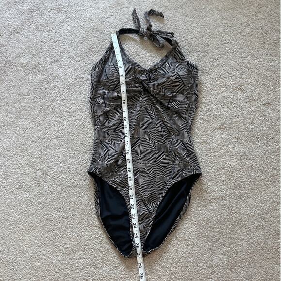 Garnet Hill Womens Geometric Print Halter Neck One Piece Swimsuit Sz 8 Black Tan - Picture 6 of 6